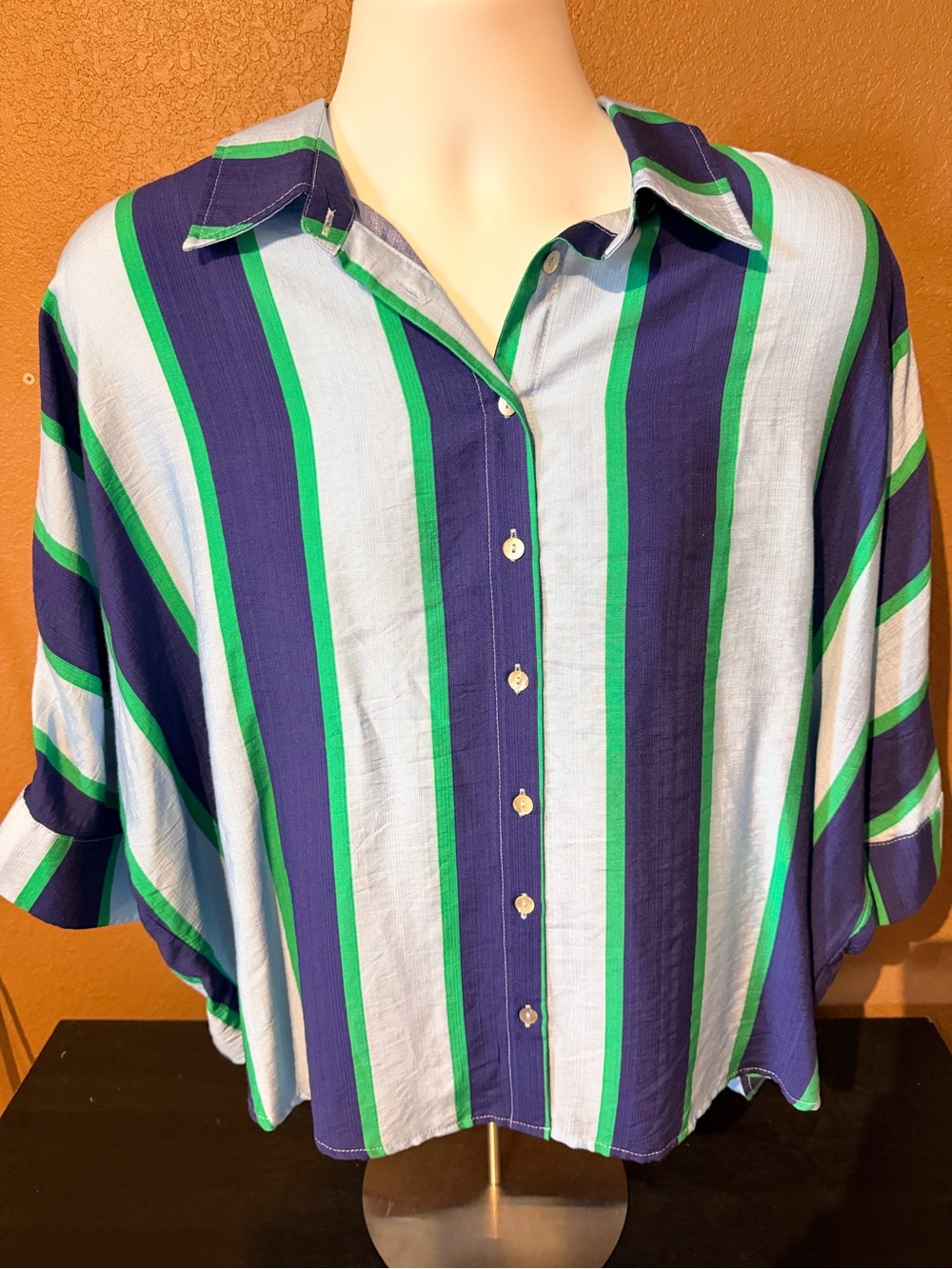 entro Navy, Green & Light Blue Striped Button-Front Blouse